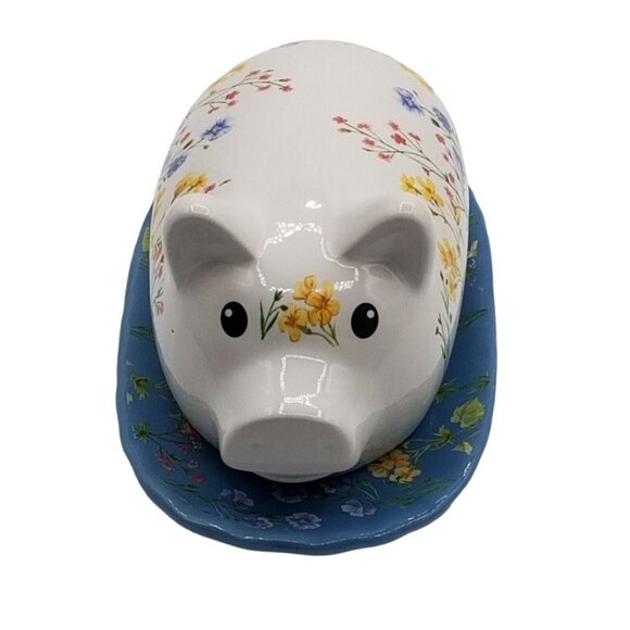 Covered Butter Dish Floral Pig Ceramic Farmhouse Country Cottagecore Chipped - Picture 4 of 13